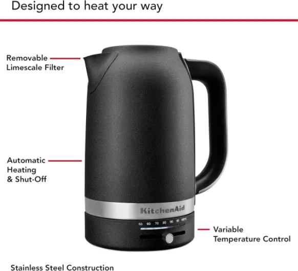 1.7L Variable Temperature Kettle, Adjustable Temperature Control 50°C-100°C, Quick Boil & Water Level Gauge, Cast Iron Black 1.7 Litres Cast Iron Black