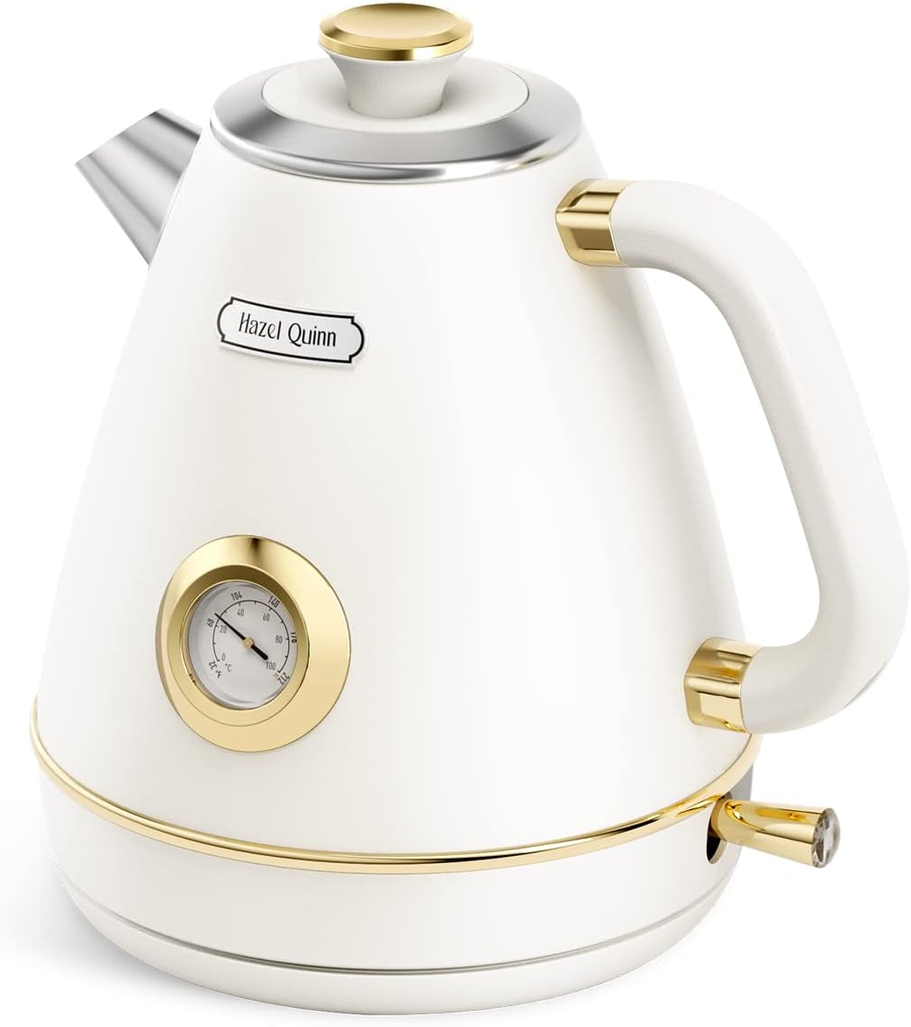 Retro Electric Kettle - 1.7 Liters / 57.5 Ounces Tea Kettle with Thermometer, All Stainless Steel, 1200 Watts Fast Boiling, BPA-free, Cordless, Automatic Shut Off - Pearl White
