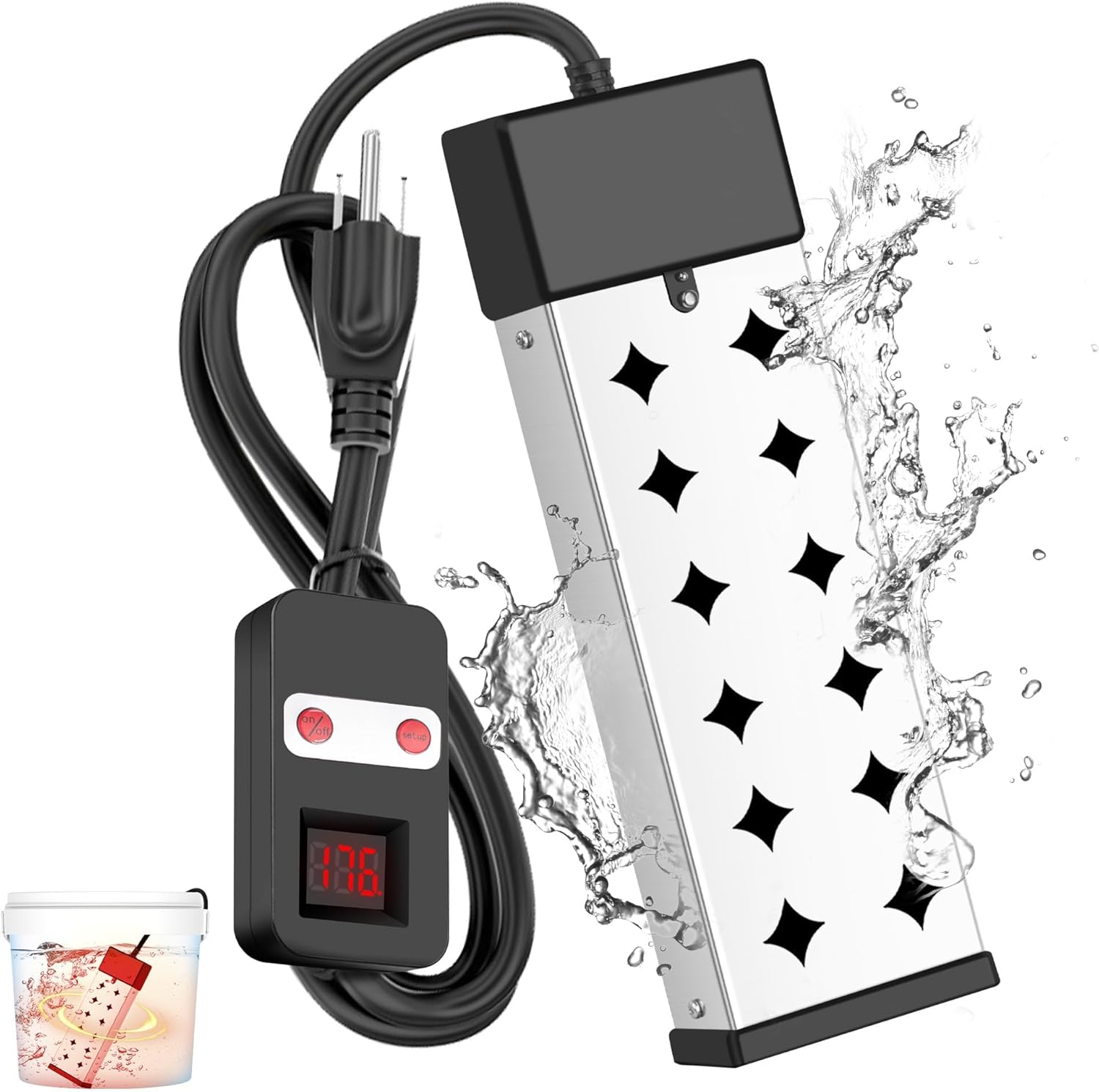 Immersion Water Heater Electric, 1800W Portable Water Heater with Temperature Display, Anti Dry Burn Protection & Adjustable Thermostat, Full Submersion Required for Buckets, Tubs, Pools, 120V