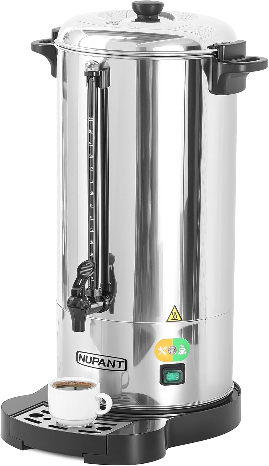 Commercial Coffee Urn 100 Cup/15L Coffee Dispenser with Upgraded Percolator, 304 Stainless Steel Hot Water Urn Beverage Dispenser with Keep Warm Mode, Large Coffee Maker for Catering Party 100 Cup (15 L)