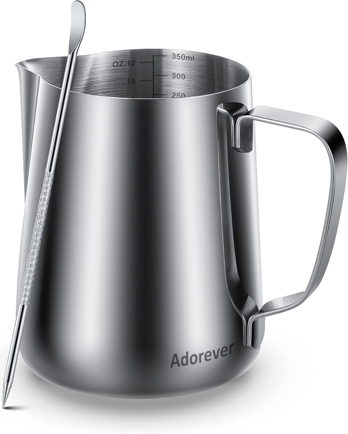 Milk Frothing Pitcher 350ml/600ml/900ml/1500ml (12oz/20oz/32oz/50oz) Steaming Pitchers Stainless Steel Milk/Coffee/Cappuccino/Latte Art Barista Steam Pitchers Milk Jug Cup with Art Pen,12oz A Silver 12 Ounces