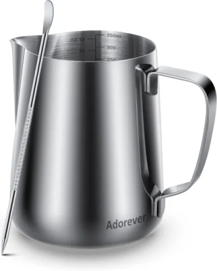 Milk Frothing Pitcher 350ml/600ml/900ml/1500ml (12oz/20oz/32oz/50oz) Steaming Pitchers Stainless Steel Milk/Coffee/Cappuccino/Latte Art Barista Steam Pitchers Milk Jug Cup with Art Pen,12oz A Silver 12 Ounces
