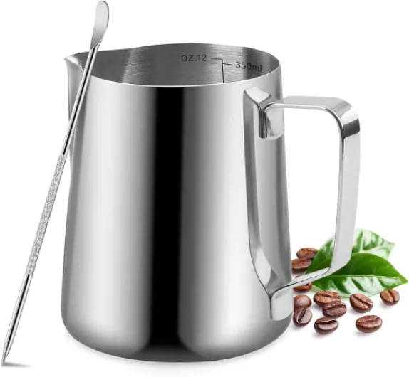 Milk Frothing Pitcher, 350ml/600ml (12oz/20oz) Milk Frother Cup Stainless Steel Jug Steaming Pitcher, Milk Coffee Cappuccino Latte Art Barista Steam Pitchers Milk Jug Cup with Decorating Pen Silver 12 Ounces
