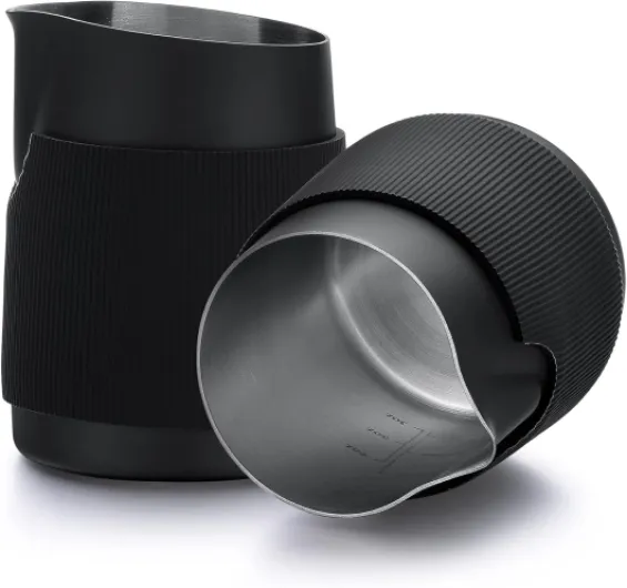 Handleless Milk Pitcher - Espresso Steaming Pitcher with Round Spout - 18/8 Stainless Steel Milk Frothing Jug, Black Non-Stick - Premium Barista Tools - Black - 15.2 oz (450 ml) Black 15.2 Ounces