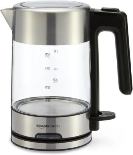Electric Kettle with Glass Carafe for Tea and Coffee, BPA-Free, Fast Boiling, Auto Shut-Off, 1.1 Quarts, 1500W, Glass and Steel Glass Carafe 1.1 Quarts