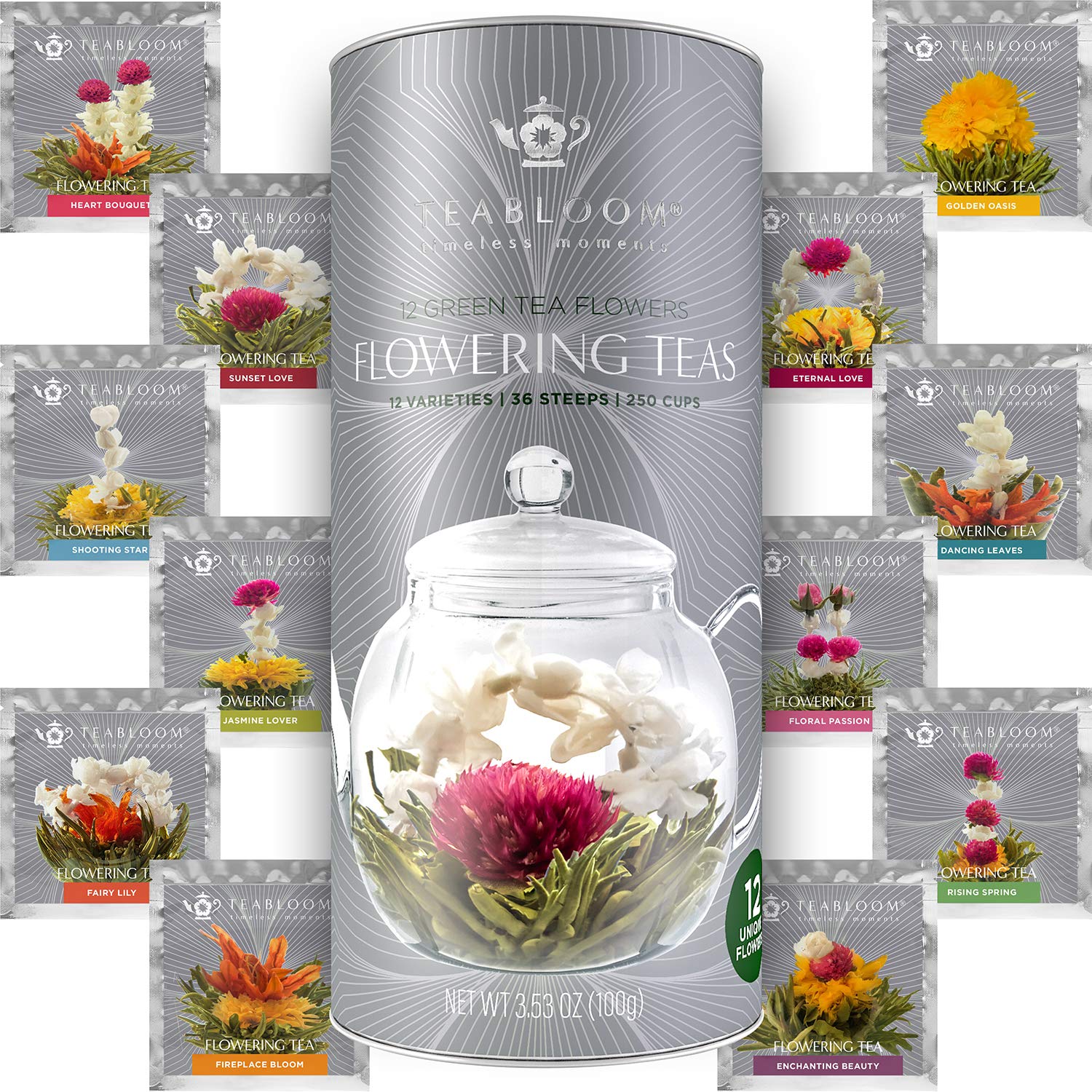 Flowering Tea - 12 Unique Varieties of Fresh Blooming Tea Flowers - Hand-Tied Natural Green Tea Leaves & Edible Flowers - 12-Pack Gift Canister - 36 Steeps, Makes 250 Cups 12 Count