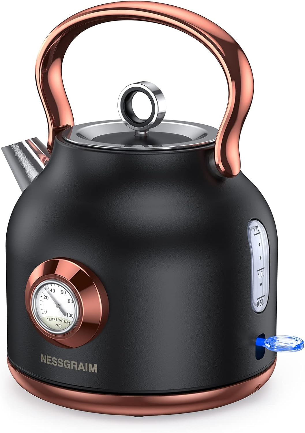 Retro Electric Kettle, 1.7L Stainless Steel Tea Kettle with Large Temperature Gauge, 1500W Fast Heating Hot Water Boiler with LED Indicator, Auto Shut-off & Boil-Dry Protection-Reteo Black Retro Black
