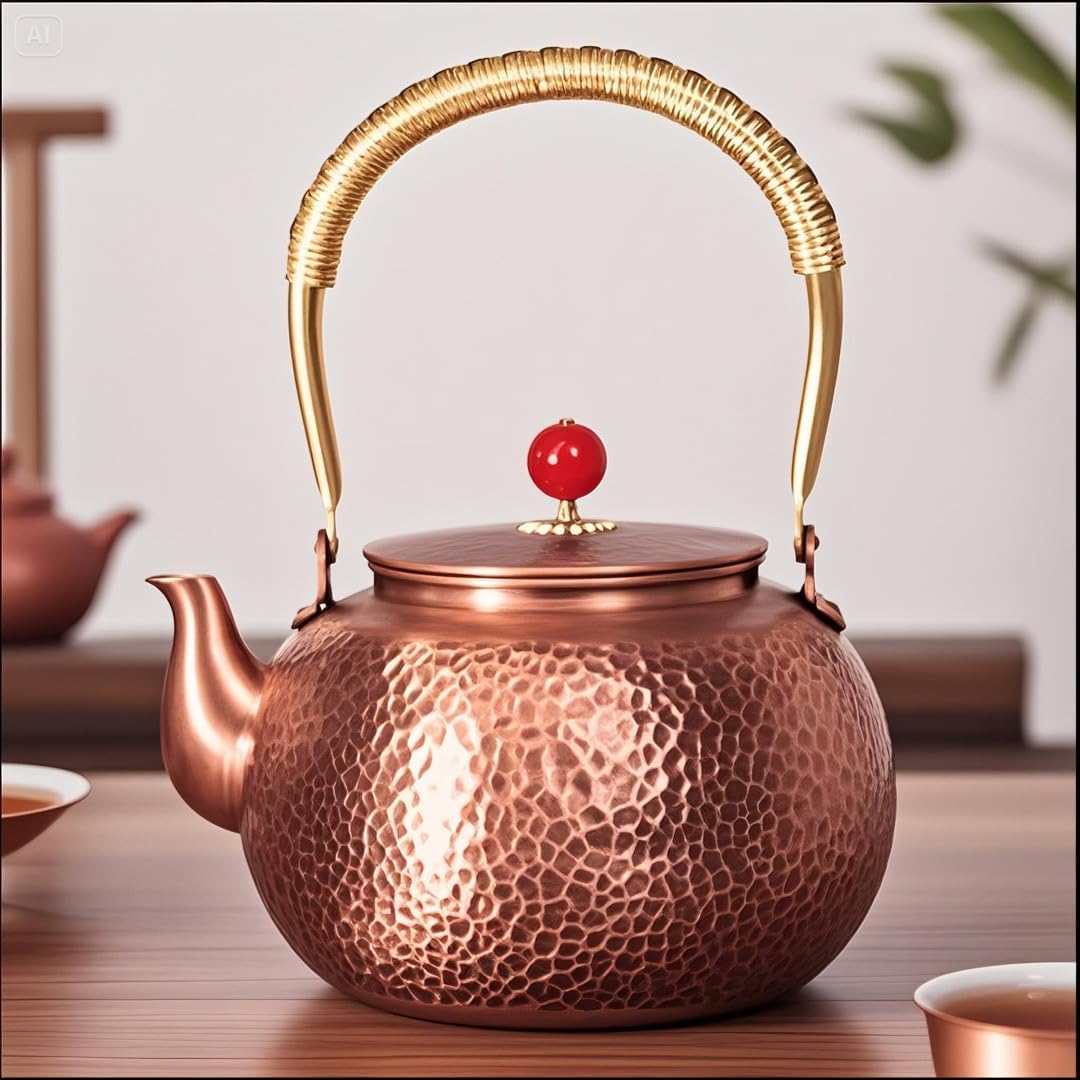 Handmade Hammered Copper Tea Kettle for Stove Top - 1.6 Quart (1500ml) Extra Thick Stovetop Teapot with Non-Toxic Coating-Free Design, Traditional Craftsmanship & Rust Resistance