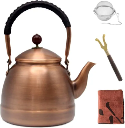 54.1oz Copper Tea Kettle for Stovetop Safe, Chinese Style Non-Coating Real Pure Copper Teapot with Tea Ball for Loose Tea, Handmade Solid Tea Pot(1600ml)