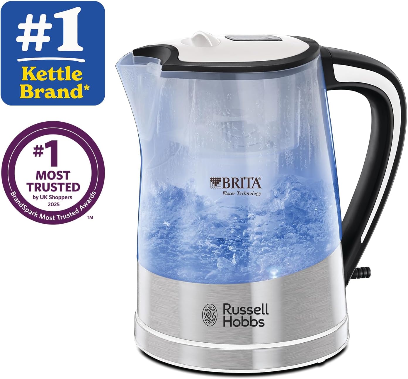 Purity Glass Kettle with BRITA MAXTRA PRO Filtration, 1L Capacity, Limescale Reduction, Blue Boil Illumination, Cartridge Reminder, Anti-Scale Filter, 360 Base, 3kW Kettle only