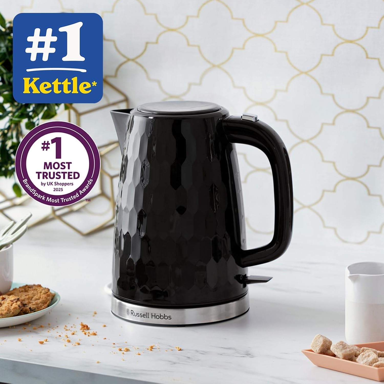 Honeycomb Electric 1.7L Cordless Kettle (Fast Boil 3KW, Black premium plastic, matt & high gloss finish, Removable washable anti-scale filter, Push button lid, Perfect pour spout) 26051