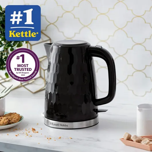 Honeycomb Electric 1.7L Cordless Kettle (Fast Boil 3KW, Black premium plastic, matt & high gloss finish, Removable washable anti-scale filter, Push button lid, Perfect pour spout) 26051