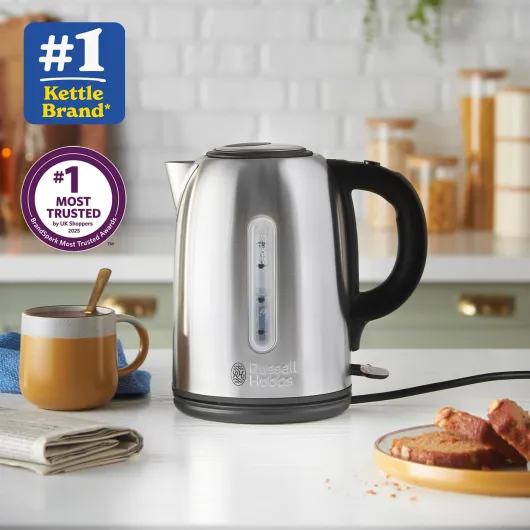 Brushed Stainless Steel & Black Electric 1.7L Cordless Kettle (Fast Boil 3KW, Removable Washable Anti-Scale Filter, Push to Open lid, Perfect Pour spout) 20441 Kettle Single