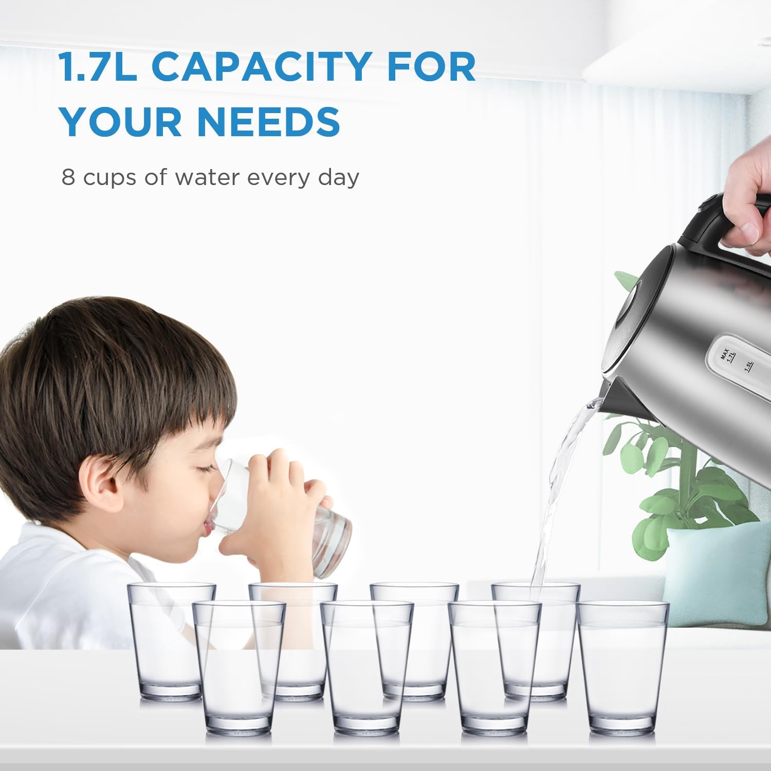 Electric Kettle 3000W Fast Boil 1.7L Stainless Steel Kettle LED Indicator,Spring Lid,Removable Filter,Insulated Handle with Water Level Indicator, Dry Burn Protection,BPA-Free 1.7 Litres