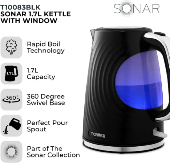 T10083BLK Sonar Textured Kettle with Large Viewing Window & Blue Light, 360 Degree Base, 3000W, 1.7L, Black Kettle Black