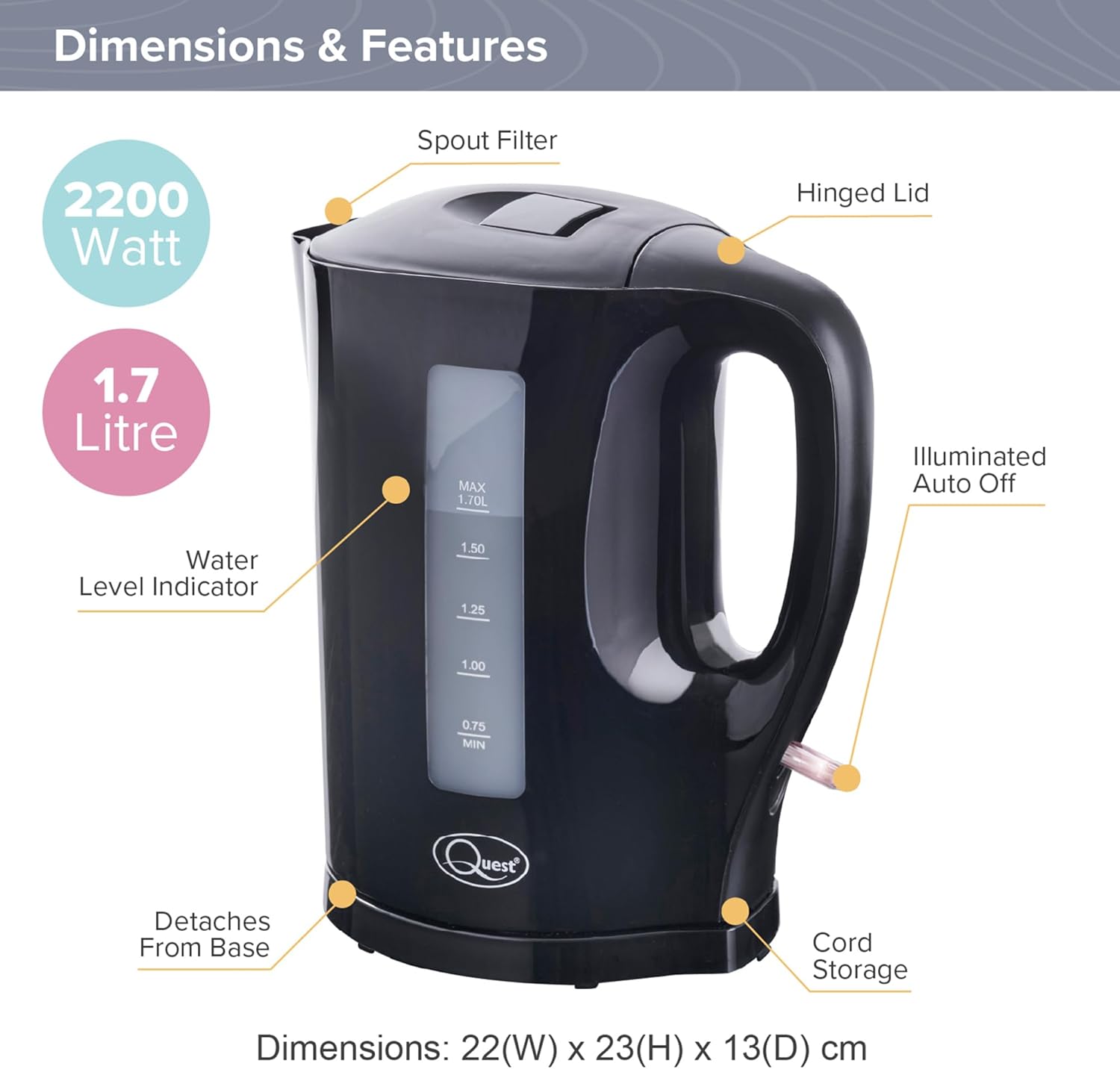 1.7 Litre Electric Kettle/Black/Cord Storage/Water Level Indicator/BPA Free/Automatic Cut-Off/Student Essentials for University