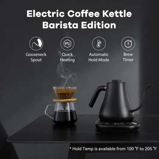 Mecity - Electric Gooseneck Kettle Pour Over Kettle Fast Heating ±1℉ for Coffee, Tea and Formula, Auto Shut-Off, 1200W, 0.8L, Matte Black, Barista Edition Matt Black