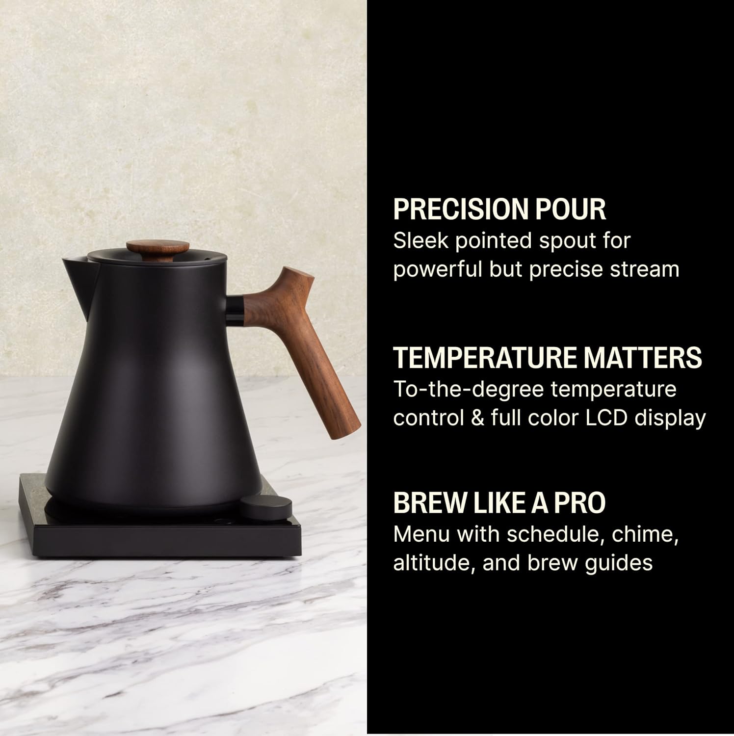 Corvo EKG Electric Tea Kettle - Pour Over Coffee & Tea Pot - Temperature Control & Built-In Timer - Matte Black, Walnut Handle - 0.9 Liter (220v, Type G Plug) EKG Matte Black With Walnut Handle