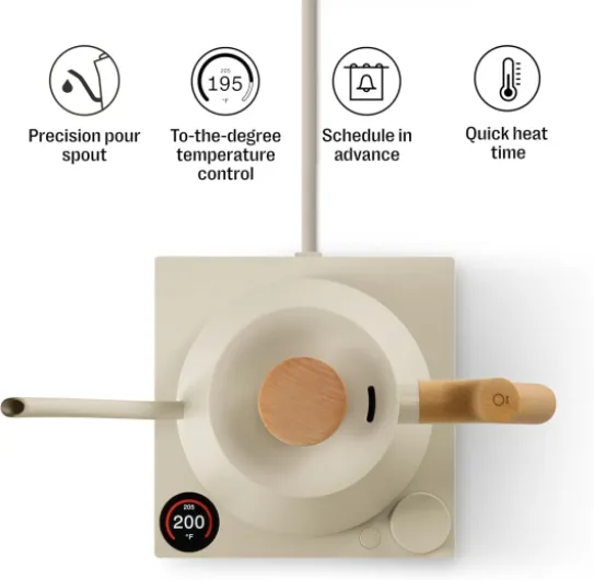 Stagg EKG Pro Electric Gooseneck Kettle - Pour-Over Coffee, Tea, Quick Heating, Precise Temperature Control, Scheduling, Built-in Brew Timer - Sesame with Maple Handle, 0.9 L