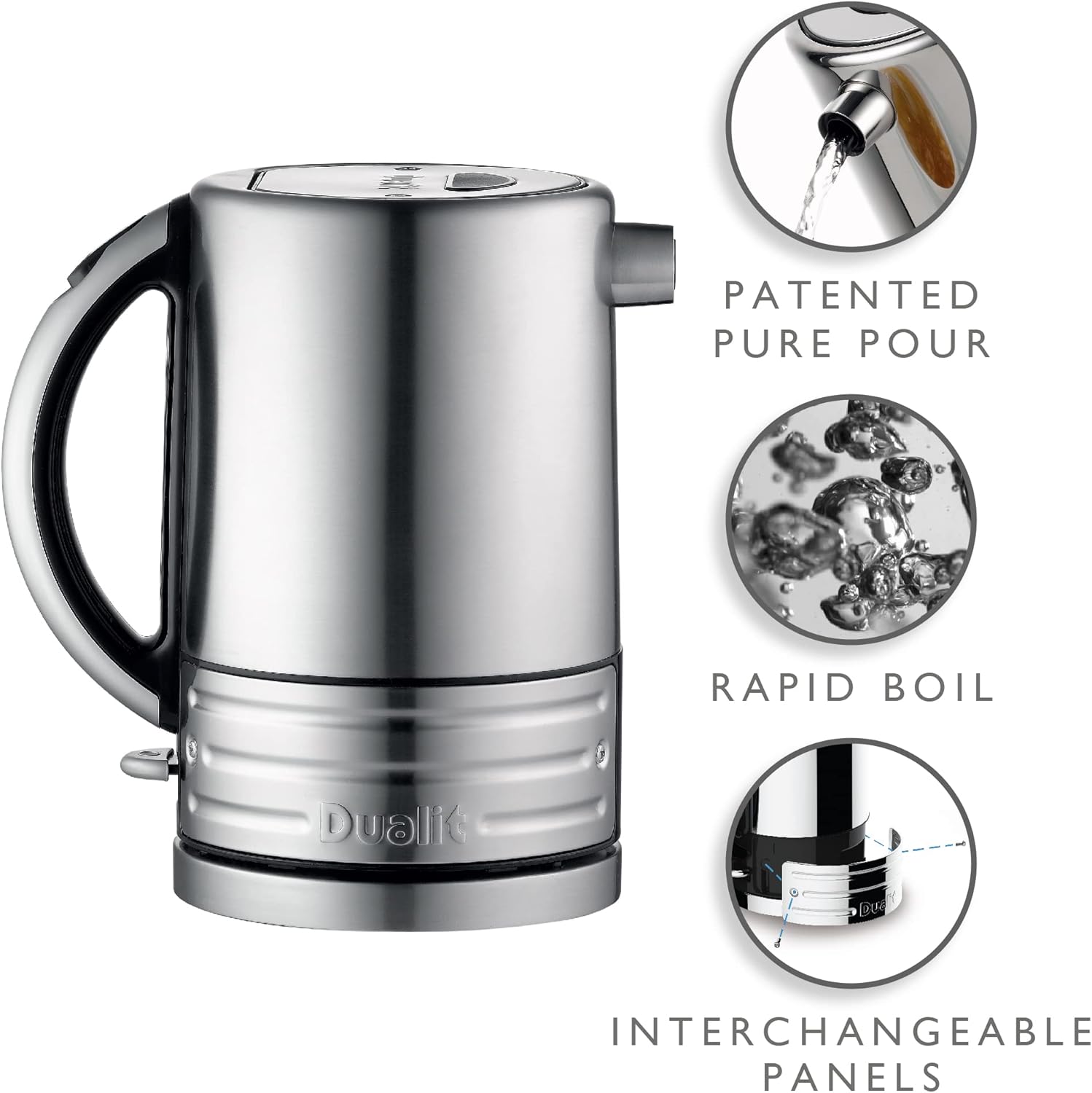 Dualit Architect Kettle - 1.5 L 2.3 KW Stainless Steel - Rapid Boil and Patented Pure Pour Non-Drip Spout - Measuring Window with Cup Level Indicators - CJK1, Black Trim Brushed Body Black Trim Brushed Body Single