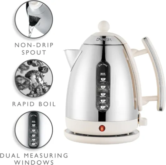 Dualit Lite 1.5L Jug Kettle - Polished Stainless Steel with Black Trim, Fast Boiling, Non-Drip, Dual Measuring Windows, 3kW, 230V, Canvas White