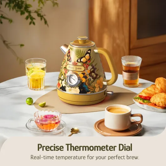 Retro Electric Kettle - 1.7L, 2200W Fast Boiling, All Stainless Steel Interior, Cordless, BPA-Free, Auto Shut-Off, Fast Boiling for Tea & Coffee - Floral Design by Artist Eduardo Recife