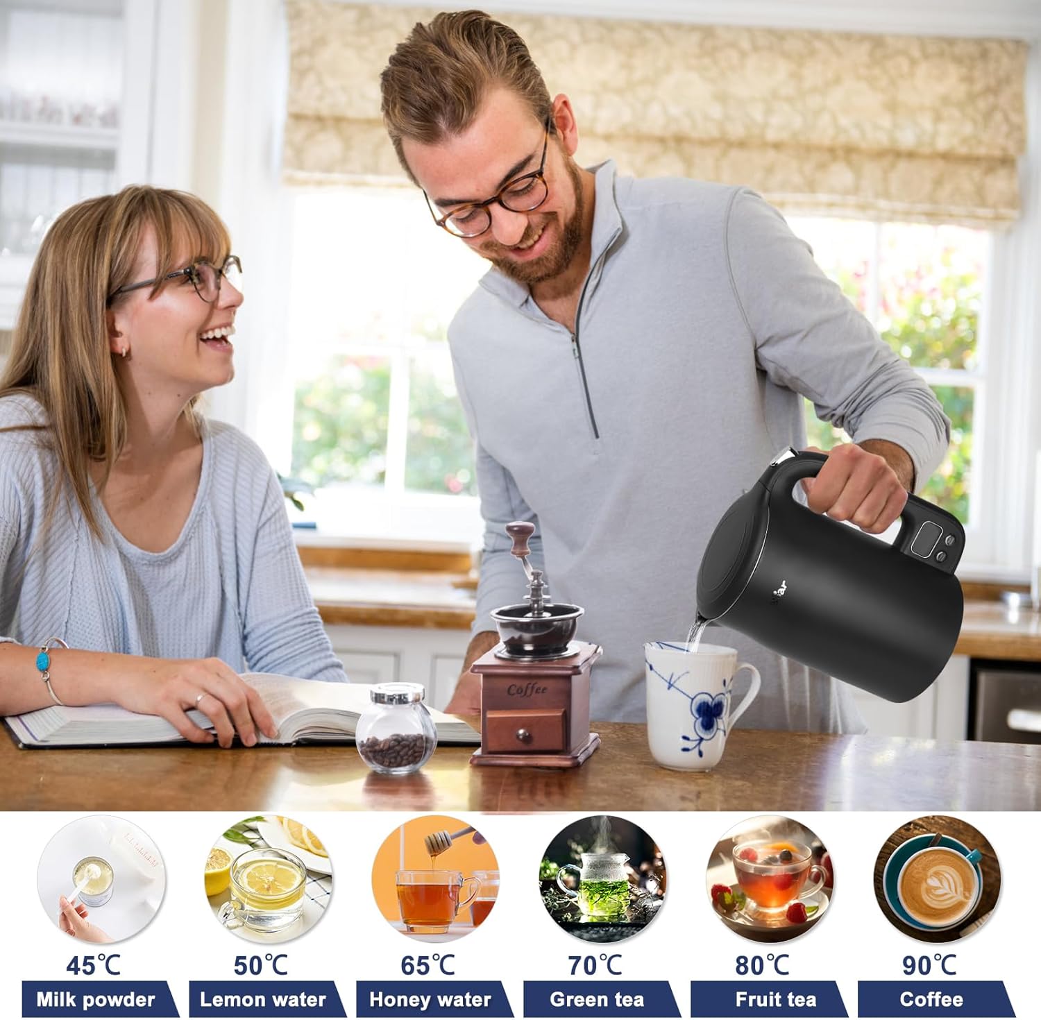 Bear Electric Kettle 1.7L 40°C~100°C 12 Temperatures Control Kettle Digital Display with Keep Warm Function,1800w 304 Stainless Steel Fast Boil Black Kettle, Dry Protection, BPA Free Smart kettle