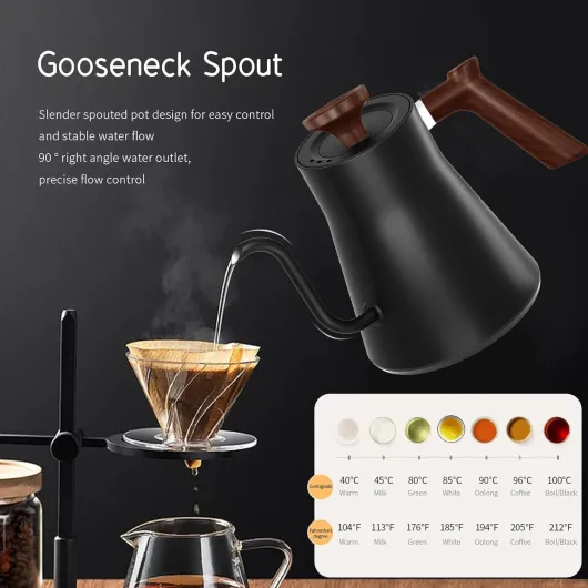 0.9L Electric Gooseneck Kettle with LCD Display, Real-Time Temp Control Hot Water Boiler to Pour Over Coffee, Brew Tea, Switchable ℉/℃, 1200 Watt Quick Heating Pot, 304 Stainless Steel, Matt Black