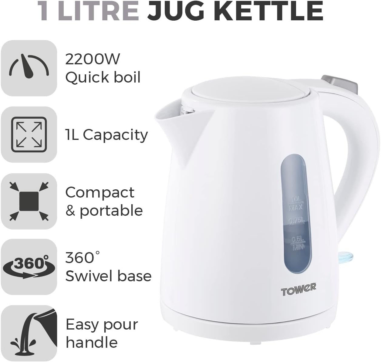 T10029W 1L Jug Kettle with 360° Swivel Base, Quick Boil, 2200W, White