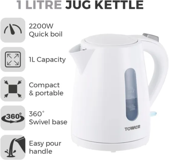 T10029W 1L Jug Kettle with 360° Swivel Base, Quick Boil, 2200W, White