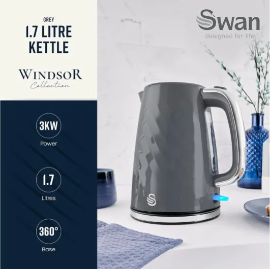 Windsor Rapid Boil Kettle with Removable Limescale Filter, Boil Dry Protection and Hidden Cord Storage, 1.7L, 3KW, Grey, SK14611GRY Grey Kettle