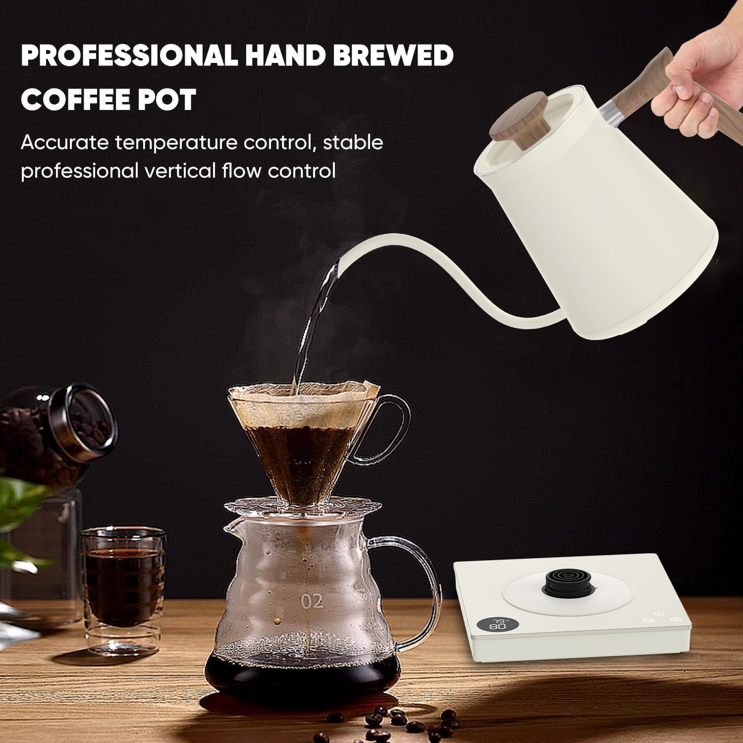 0.6L Gooseneck Electric Coffee Kettle with 40~100℃ Temperature Adjustable, 1000W Fast Boiling, 304 Stainless Steel Mini Brew Coffee Kettle, Tempered Glass Touch Control Panel, High Grade Beige