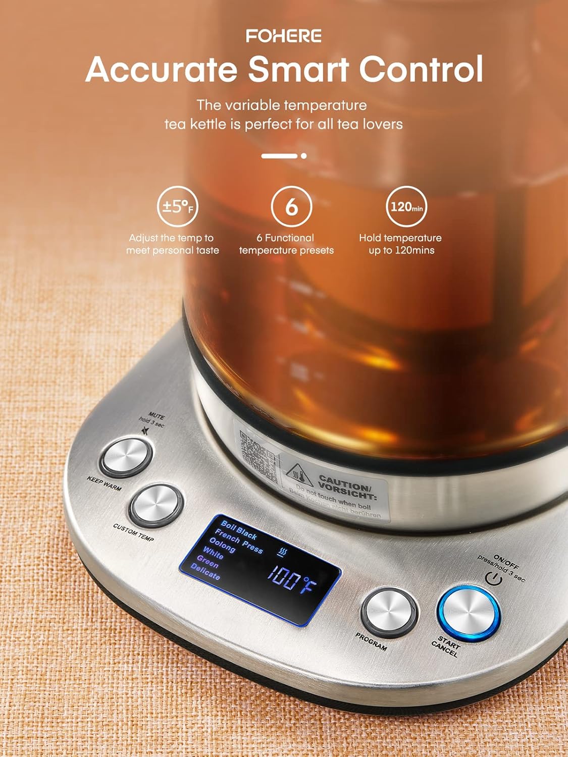 Electric Kettle With Temperature Control And Tea Infuser 1.7L Electric Kettle Glass And Stainless Steel Hot Water Kettle, 2 Hours Keep Warm Grey