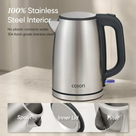 Kettle, Plastic-Free Water Contact, Kettles Electric Brushed Stainless Steel Durable Filter, 3000W Fast Boil Automatic Shut Off & Boil-Dry Protection, Hot Water Boiler & Heater, 1.7L, Silver Sliver