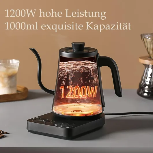 Stainless Steel Kettle with Thermostat, 1 Litre Gooseneck Kettle Kitchen Aid Kettle 1000 Watts, 90° Right Angle Spout, 304 Stainless Steel, Black