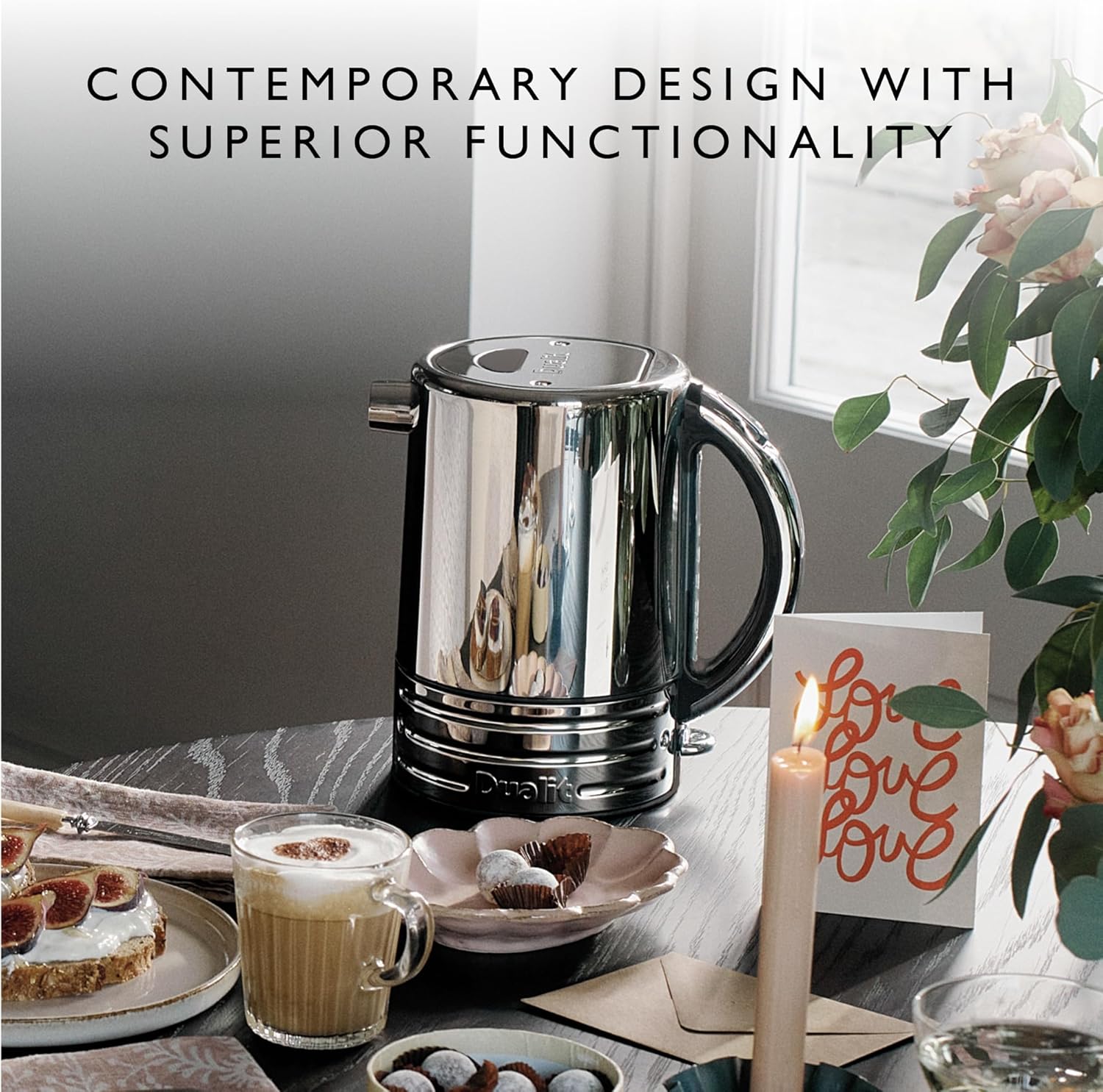 Architect Kettle - 1.5 Litre 2.3 KW Stainless Steel Kettle With Grey Trim - Rapid Boil and Patented Pure Pour Non-Drip Spout - Measuring Window with Cup Level Indicators Grey Trim Polished Body Single