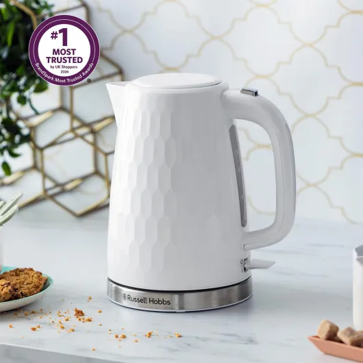 Honeycomb Electric 1.7L Cordless Kettle (Fast Boil 3KW, White premium plastic, matt & high gloss finish, Removable washable anti-scale filter, Push button lid, Perfect pour spout) 26050