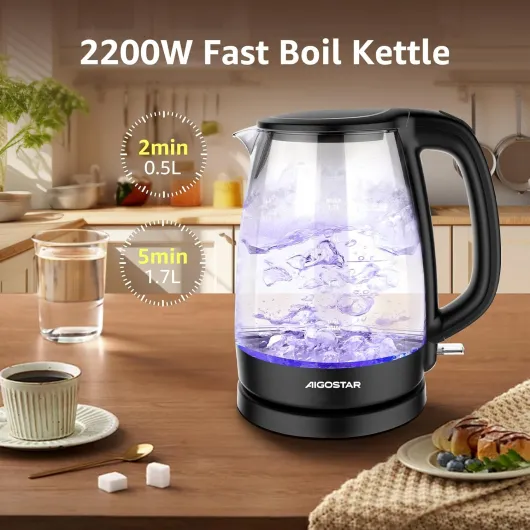 Glass Electric Kettle with Blue Illumination - 2200W Fast Boil, 1.7L Borosilicate Glass, Auto Shut-Off & Boil-Dry Protection, 304 Stainless Steel Heating Plate, Cordless 360° Base, Black-Adam