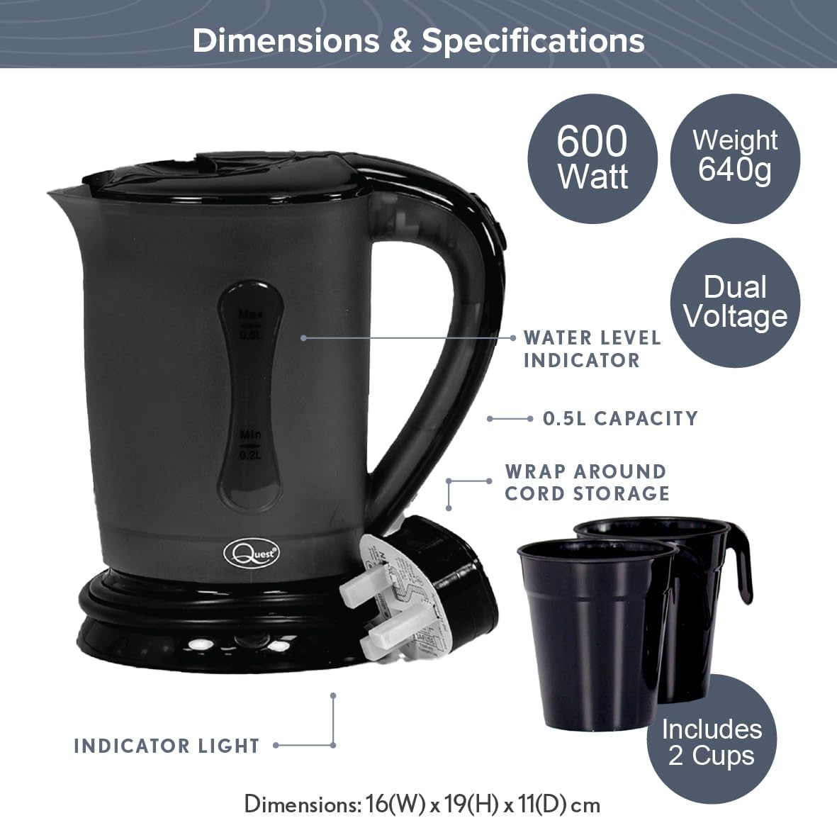 Black Compact Travel Kettle, 0.5 Litres, 600 Watt & Dual Voltage for Worldwide Use, Includes 2 Lightweight Cups, Auto Cut-Off Switch, Fits in Bags & Suitcases (35690)