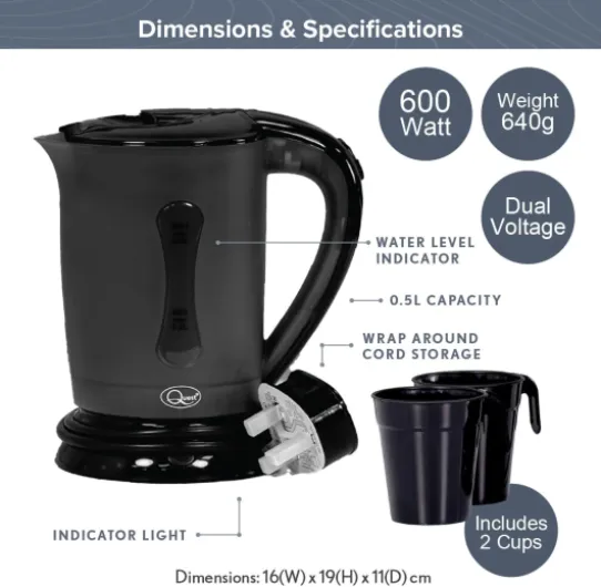 Black Compact Travel Kettle, 0.5 Litres, 600 Watt & Dual Voltage for Worldwide Use, Includes 2 Lightweight Cups, Auto Cut-Off Switch, Fits in Bags & Suitcases (35690)