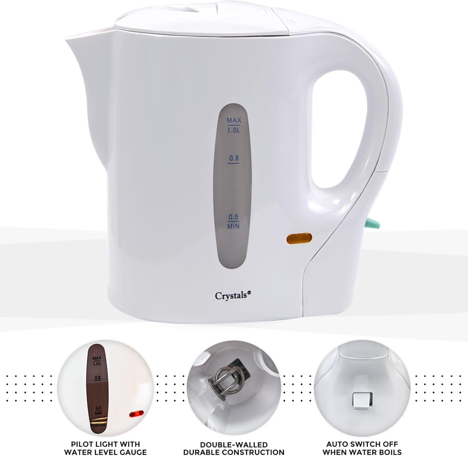 1 Litre Electric Travel Kettle - Low Wattage Portable Mini White - Small Lightweight Cordless Water Kettle for Elderly, Bedroom, Caravan, Camping, Daily Use - 830W