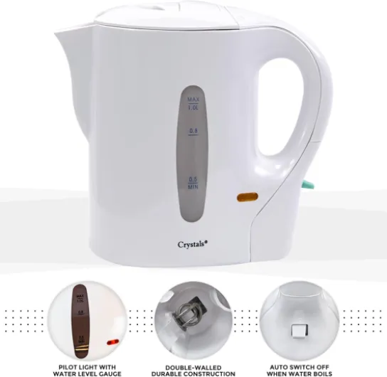 1 Litre Electric Travel Kettle - Low Wattage Portable Mini White - Small Lightweight Cordless Water Kettle for Elderly, Bedroom, Caravan, Camping, Daily Use - 830W